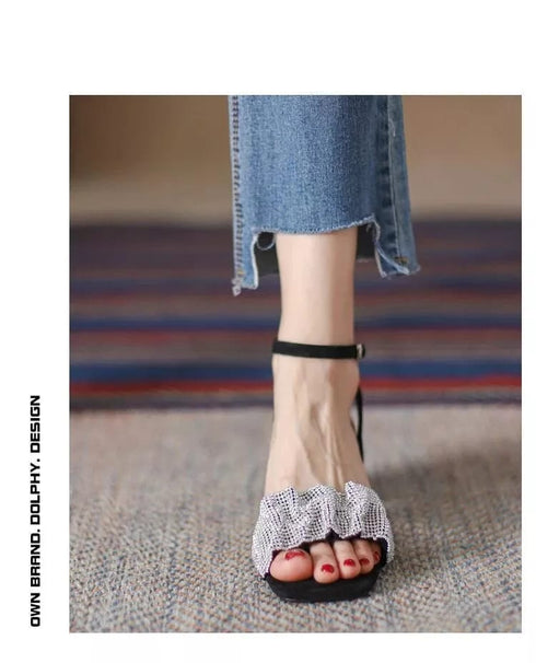 Fashion Rhinestone Square Head Open Toe Block Heel